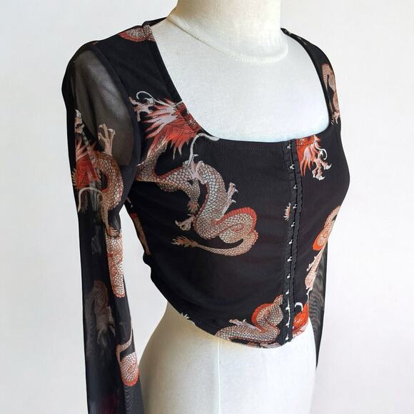 Rebellious Dreamer Dragon Print Mesh Top Gothic Y2K Size L Alt Whimsygoth Blouse - Picture 1 of 5